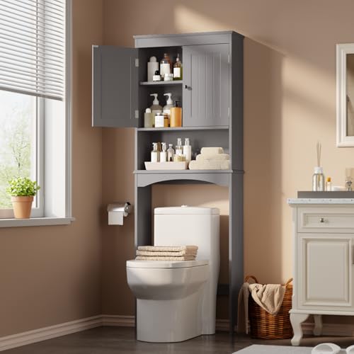 Gizoon Over The Toilet Storage Cabinet with Adjustable Shelf and Double Doors, Bathroom Space Saver Organizer Above Toilet with Open Shelf, Taller Wooden Free Standing Toilet Rack -Grey - color: Grey