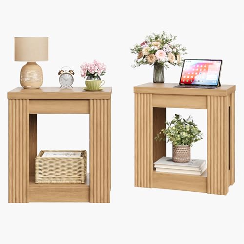 Maupvit Narrow Wood End Table for Living Room, 2-Tier Small Slim Side Table with Storage Shelf, Modern Fluted Nightstand for Bedside, Small Spaces, Living Room, Bedroom, Oak, Set of 2 - color: Oak