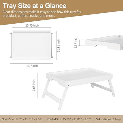 Breakfast Tray with Folding Legs Set of 2, Bamboo Bed Tray Table 15.7" Foldable TV Dinner Tray with Ergonomic Wave Handles for Bed Couch Sofa, Breakfast, Snacks, Coffee, White - color: White, size: Medium