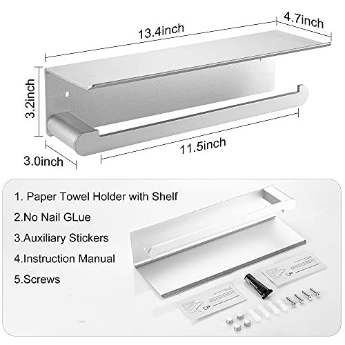 DUFU Paper Towel Holder Wall Mount for Kitchen, Silver | Self-Adhesive,Paper Towel Holder With Shelf for Bathroom, Anti-Rust Aluminum, No Drill or Wall-Mounted with Screws - color: Silver