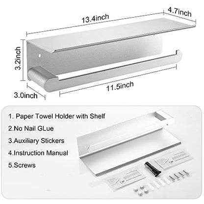 DUFU Paper Towel Holder Wall Mount for Kitchen, Silver | Self-Adhesive,Paper Towel Holder With Shelf for Bathroom, Anti-Rust Aluminum, No Drill or Wall-Mounted with Screws - color: Silver