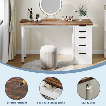 Garvee Computer Desk with 5 Drawers, 47 Inch Modern Simple Study Writing Desk with Storage, Rustic Home Office Desk, Reversible Computer Desk for Small Spaces, Apartments, Dorms, Brown+White - color: Brown + White
