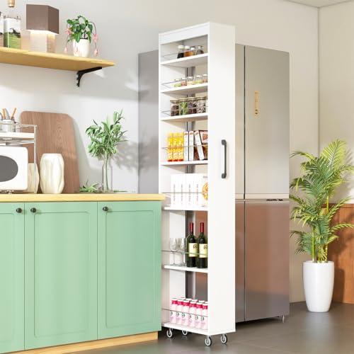 7 Tier Slim Storage Cart with Storage Shelf for Next to Fridge, Rolling Spice Rack with Handle for Small Spaces, Utility Cart with Double-Sided Spice Rack for Kitchen (White)
