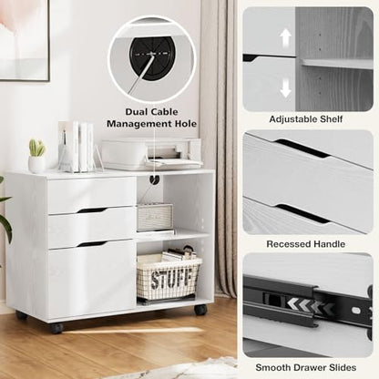 DUMOS File Cabinet with 3 Drawers, Wood Under Desk Storage Printer Stand | Rolling Lateral Filing Cabinet with Adjustable Shelves for Home Office Study Organizatiom, Classic White - color: Classic White