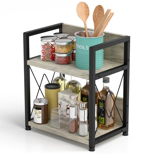 Aduanbang Coffee Bar Accessories Organizer, 2 Tier Wooden Kitchen Counter Shelf, Coffee Organizer Station for Countertop, Condiment Rack for Mugs, Cups, Cream, Syrup - color: Ivory + Black
