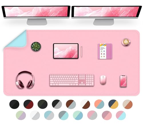 Dual-Sided Desk Mat, Large Pad, Waterproof Smooth PU Leather Blotter Protector, Mouse Pad, Desk Organizers, Office/Home Table Decor for Reading and Writing (Light Pink+Blue, 47.2''23.6'') - color: Light Pink+light Blue, size: 47.2'' × 23.6''