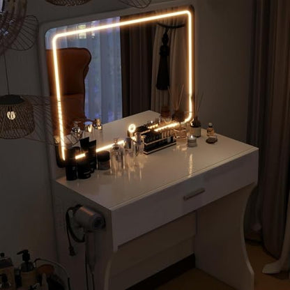 Vanity Desk, Makeup Vanity with LED Light Mirror, Small White Vanity with a Super Large Drawer and Power Outlet, 3 Color Lighting Modes Makeup Table for Bedroom, Dressing Room (White1) - color: White1