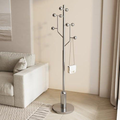 Coat Rack Freestanding Metal Coat Tree with 8 Metal Hooks | Heavy Duty Standing Coat Rack, Stainless Steel Marble Base, Coat Hanger Stand for Bedroom Entryway Hallway, Hat, Bags - color: Silver - Polished Chrome