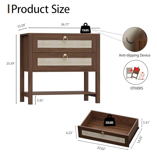 Xixini Rattan Nightstand with 2 Drawers and Open Shelf, 27" Wide Boho Bedside Table with Brass Knobs, Mid-Century Modern Wooden End Table for Bedroom, Walnut - color: Walnut