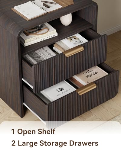 24" Fluted Nightstand Set of 2 with Charging Station, Bedside Table with Metal Handle, NightStand with 2 Drawer and Shelf, End Table for Bedroom, Curved Profile, Black Walnut - color: Black Walnut-2 Drawers, size: 2 Drawers