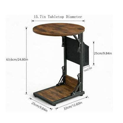 Foldable C Shaped End Table, 15.7" Couch Side Table with Storage Pocket, Slides Under Sofa
