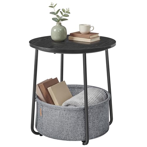 SONGMICS HOME Small Side Table, Round End Table, 2 Tier Nightstand with Basket, U Shaped Steel Legs, Easy Assembly, for Living Room, Bedroom, Black and Gray - color: Black + Gray, size: 1 pack