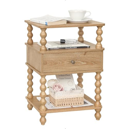 AWASEN Night Stand with Drawer, Bedside Table with Storage, 3-Tier Small Nightstand End Table for Bedroom with Solid Wood Spindle Legs, Rustic Walnut - color: Rustic Walnut