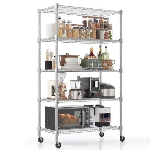 Homdox Heavy Duty Storage Shelves, 5 Tier Wire Shelving Unit with Wheels, Commercial Adjustable Metal Shelves for Storage, Garage Rack Pantry Shelves Kitchen Shelving, 18"x36"x82", Chrome - color: Chrome, size: 18"Dx 36"Wx 82"H, 5 Tier