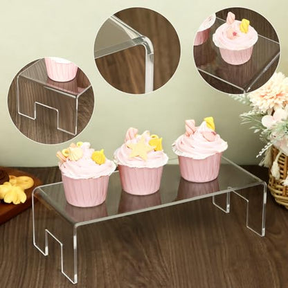 QWORK Clear Acrylic Display Risers Stand, 2 Pack 5mm Thick Transparent Showcase Shelves for Dessert Cupcakes Perfume Toys Cosmetics Jewelry Collectibles, 12x5x3.3 Inch Display Shelf