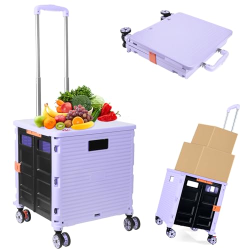 Foldable Utility Cart Folding Portable Rolling Crate Handcart Shopping Trolley Wheel Box with Lid Wear-Resistant Noiseless 360°Rotate Wheel for Travel Shopping Moving Storage Office Use (Purple) - color: Purple, size: PRO