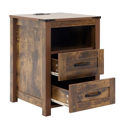Farmhouse Night Stand, Rustic Brown Nightstand for Bedroom, End Tables with Charging Station, Bedside Table with Drawers, Wood Bedside Cabinet Dresser - color: Brown, size: 1pcs with Charging