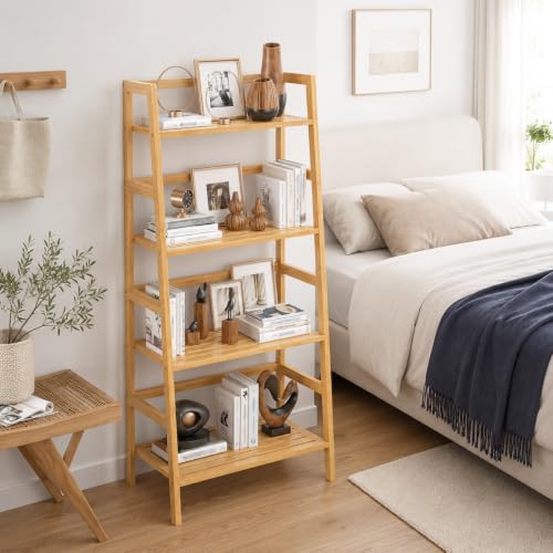 Bamboo Ladder Shelf, 4-Tier Wooden Ladder Bookshelf & Bookcase Organizer | 49.2” Freestanding Open Display Storage Shelves, Wood Plant Stand Rack for Small Space, Bathroom, Living Room, Bedroom - color: Natural