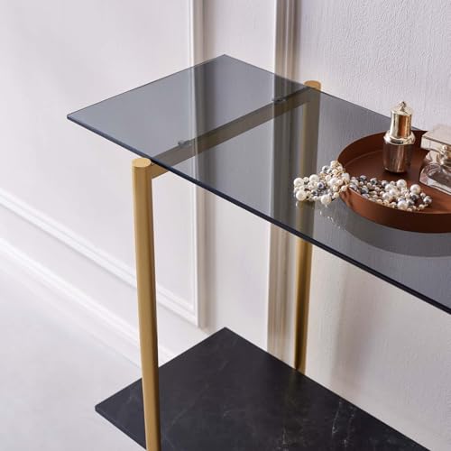 LumFurn Glass Console Table for Living Room, Foyer & Entrance, 2-Tiers Mid-Century Modern Sofa Table with Grey Glass Top, Black Marble Finish Wood Shelf and Gold Finish Frame - color: Grey & Black Marble, size: L41" Sofa Table