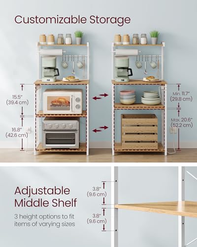 VASAGLE BARNET Collection - Kitchen Bakers Rack with Power Outlet, 23.6-Inch Wide Coffee Bar 4-Tier with 8 S Hooks, Modern Microwave Stand, Adjustable Shelf, Golden Oak and Cloud White UKKS014Y01V1 - color: Golden Oak + Cloud White, size: 23.6"W