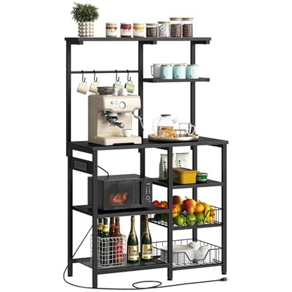 HOOBRO Large Bakers Rack with Power Outlets, 6-Tier Microwave Stand with 4 Hooks, Coffee Bar, Kitchen Shelf with Wire Basket, for Kitchen, Living Room, Office, Black BB64UHB01 - color: Black