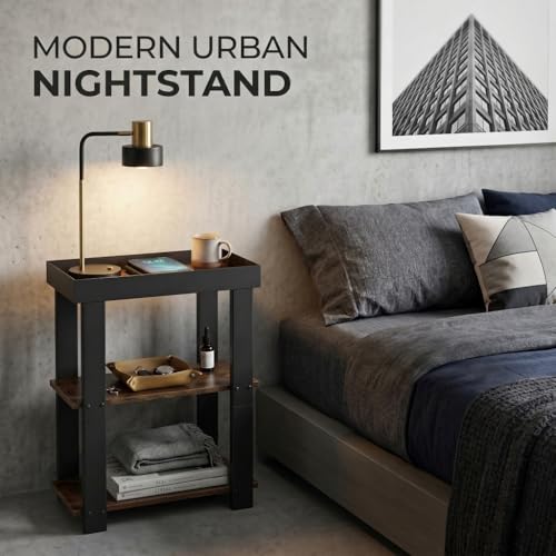Narrow Side Table, 3-Tier Side Table, Rustic Farmhouse Narrow End Table with Storage, Slim Table Nightstand for Small Spaces, Bedroom or Living Room (Rustic Brown) - color: Rustic Brown