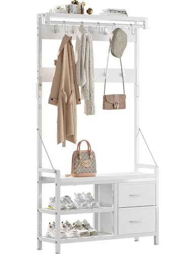 Lulive Hall Tree with Bench and Shoe Storage, 31.5” Coat Rack Freestanding | White, 5 in 1 Intelligent Design, 17 Hooks, 2 Drawers, Handy Clothes Rail - color: White, size: 11.8"D x 31.5"W x 70.9"H