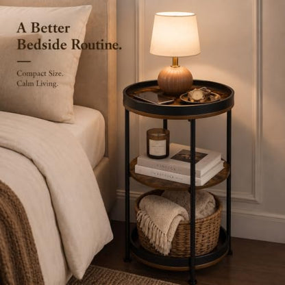 Dulcii Side Table, Round End Table with 3 Storage Shelves for Living Room, Bedroom, Nightstand with Steel Frame for Small Spaces, Industrial Round Sofa Table, Outdoor Accent Coffee Table, Rustic Brown | Round End Table with Storage for Living Room, Bedroo