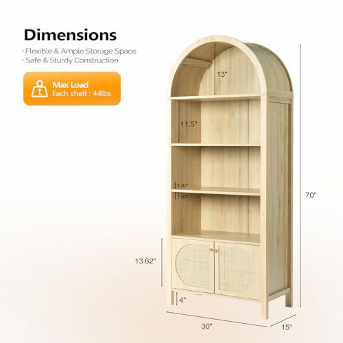 VINGLI 70" Arched Display Cabinet with 5 Shelves, Rattan Storage Cabinet 5 Tier Arched Bookshelf, Wood Tall Bookcases, Sturdy, Stylish for Living Room Bedroom Dining Room Office Study Room, Oak - color: White Oak