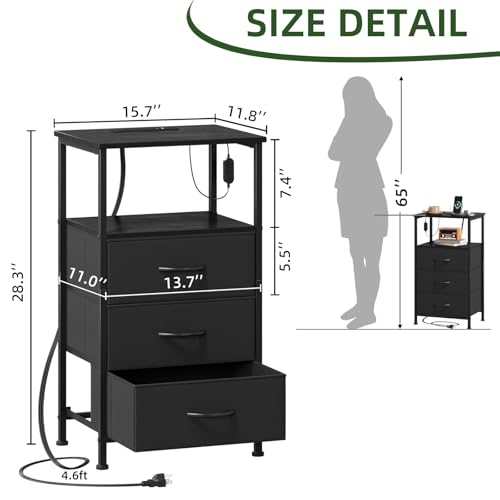 Somdot Nightstands Set of 2 with 3 Drawers, Charging Station & LED Light | Open-Shelf End Tables for Bedside, Small Spaces, Bedroom, Entryway and Hallway, Black - color: Black, size: 11.8"D x 15.7"W x 28.3"H (3 Drawers)
