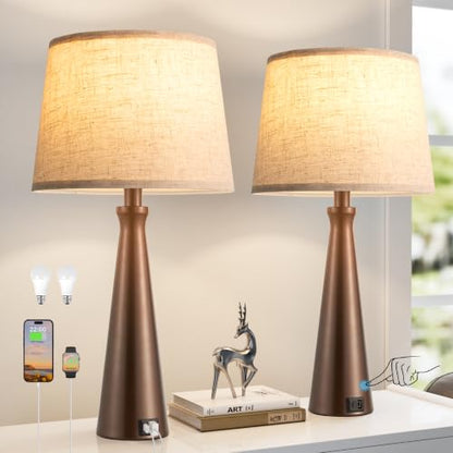 Seealle Modern Table Lamps Set of 2 - Touch Bedside Lamp for Nightstand with Dual USB C+A,3-Way Dimmable Brown Nightstand Lamps for Living Room Bedroom End Table with Beige Shade(Bulb Included) - color: I. Brown-Beige