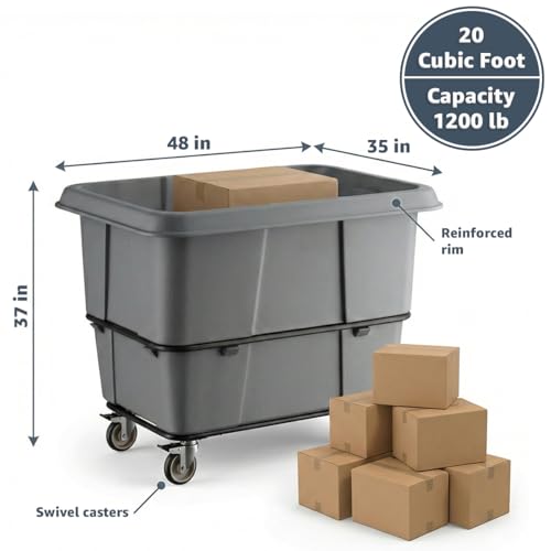 Construction Trash Trolley 20 Cubic Foot 1200 lb., Commercial Rolling Laundry Truck, Industrial Garbage Wagon Transportation, Grey Cube Truck Waste Bin, Hotel & Warehouse Supplies