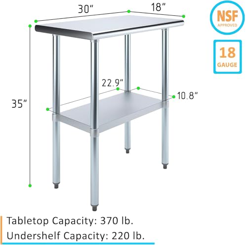 18" x 30" Stainless Steel Prep Table – NSF Certified Heavy Duty Work Table for Home & Commercial Use – Galvanized Undershelf & Legs - size: 30x18