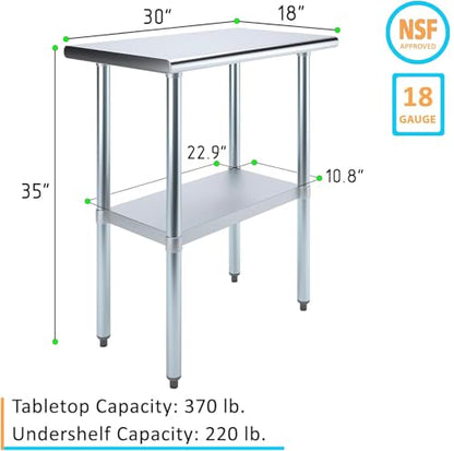 18" x 30" Stainless Steel Prep Table – NSF Certified Heavy Duty Work Table for Home & Commercial Use – Galvanized Undershelf & Legs - size: 30x18