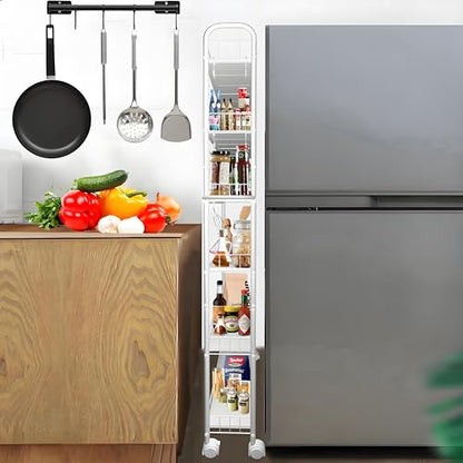 6in 6 Tier Slim Storage Cart with Wheels,Narrow Space Rolling Shelving Unit with Handle, Metal Wire Mobile Organizer Rack for Kitchen Bathroom Office Laundry - size: 6in White Cart with Handle