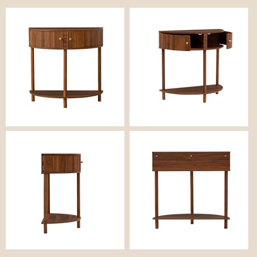 XUZENEST Fluted Half Moon Console Table, Modern Small Entry Sofa Table with Storage, Solid Wood Legs Narrow Entryway Table for Living Room, Hallway, Foyer(Walnut) - color: 31.5 Walnut