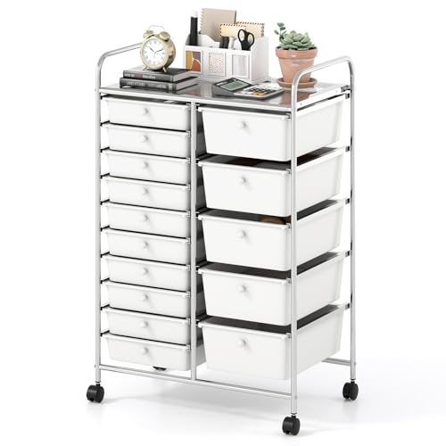 GOFLAME 15-Drawer Rolling Storage Cart, Multifunctional Art Craft Organizer Cart with Removable Drawers, Lockable Wheels and Metal Frame, Classroom Storage Cart for Home Office School, White - color: White, size: 15-Drawer