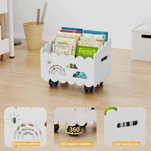 Wood Kids Bookshelf, Montessori Bookshelf, With 2 Adjustable Dividers, 4 Wheels Suitable Kids Rooms, Nursery & Classroom, Book Shelf For Kids Rooms, Toddler Book Rack, Nursery Book Shelves White - color: White(rolling)
