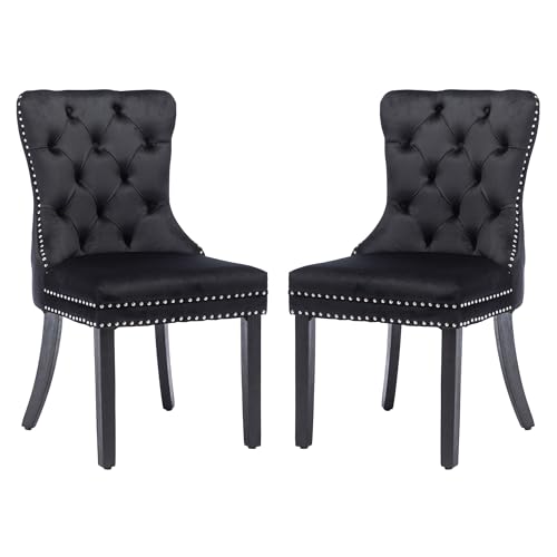 KCC Velvet Dining Chairs Set of 2, Upholstered High-end Tufted Dining Room Chair with Nailhead Back Ring Pull Trim Solid Wood Legs, Nikki Collection Modern Style for Kitchen, Black - color: Black, size: Set of 2