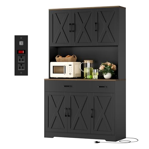 HOSTACK 71" Pantry Cabinet with Charging Station, Tall Kitchen Pantry Storage Cabinet with Microwave Stand, Farmhouse Kitchen Hutch with Storage Drawers for Living Room, Dining Room, Black - color: Black/Rustic Brown