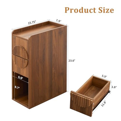 Narrow Nightstands Set of 2 for Bedroom, Mid Century Modern Wooden Bedside with 2 Drawers, Fluted Skinny End Table, 8 Inch Wide Slim Side Tables for Small Spaces - color: Walnut X40