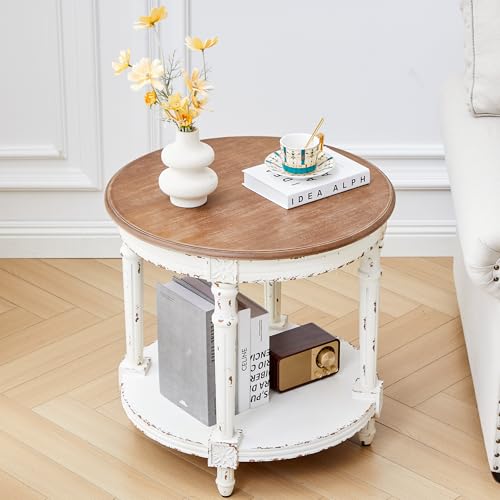 BERRYMERRY 23.6" French Country Round End Table Set of 2, Two Tone Distress 2 Tier Side Table for Living Room Small Space,No Tool Assembly - color: White 2pcs