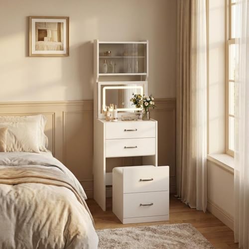 Garvee 3 in 1 Vanity Desk with 3 Color LED, Compact Makeup Vanity Set with 2 AC Outlets & USB, Dressing Table with Drawers & Acrylic Doors, Nightstand Vanity Mirror, Jewelry Box, Hidden Chair, White - color: White
