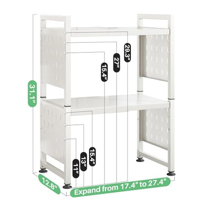 Microwave Stand, 3-Tier Expandable(17.4"-27.4") Microwave Oven Rack, Heavy Duty Adjustable Shelf with 9 hooks, Kitchen Organizer Storage Shelves for Pantry, Countertop, Coffee Bar, Office, Dorm, White - style: 3 Tier-White
