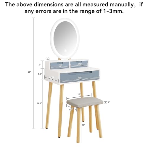 YOURLITE Small Makeup Vanity Desk with Lights, Compact Vanity Desk with Adjustable Brightness Mirror for Small Spaces, Dressing Table with Drawers and Storage Shelves, Grey - size: 24", style: Oval Mirror Grey with shelf