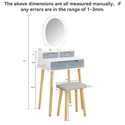 YOURLITE Small Makeup Vanity Desk with Lights, Compact Vanity Desk with Adjustable Brightness Mirror for Small Spaces, Dressing Table with Drawers and Storage Shelves, Grey - size: 24", style: Oval Mirror Grey with shelf