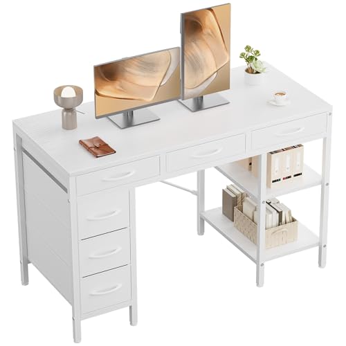 OLIXIS Computer Desk with 6 Drawers, 47 inch Office Workstation with Storage Shelves, Reversible Gaming Setup, Corner Table with Storage Drawers, Work for Home Office, Study, Living Room, White - color: White, size: 47 inch