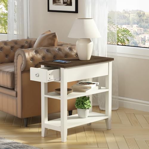 ChooChoo Side Table Living Room, Narrow End Table with Drawer and Shelf, 3-Tier Sofa End Table for Small Space, White and Brown - color: Farmhouse White