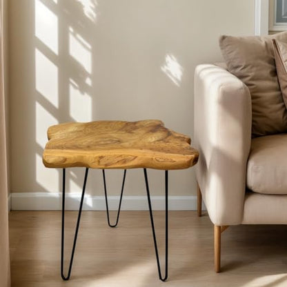 Rustic Solid Wood Live Edge Style End Table, Natural Wood Side Table with Hairpin Legs, Small Irregular Side Table for Living Room, Bedroom, Farmhouse Decor, 16" L x 12" W x 17" H - size: 16" L x 12" W x 17" H