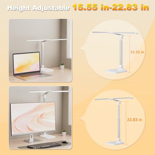 LED Desk Lamp for Office Home, Height Adjustable Architect Desk Light with USB Adapter, Stepless Dimming 50 Lighting Modes, Eye Caring Double Head Computer Desk Lamp for Reading, Study, Workbench - color: White